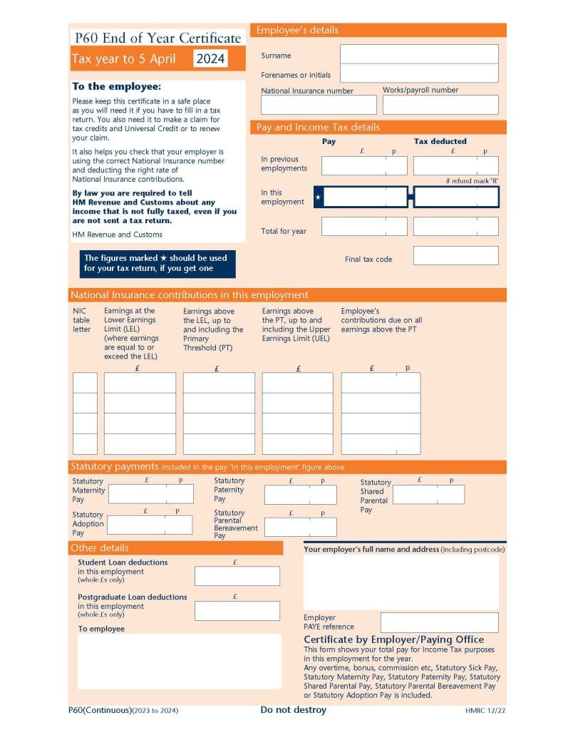 A copy of a P60 form